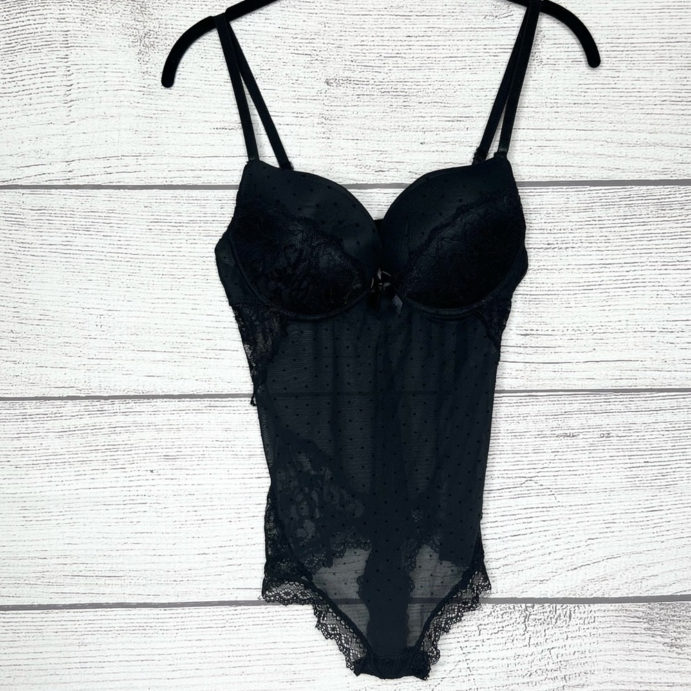 NWOT Black Fuchsia Sheer Lace Polkadot Push-Up Bodysuit lLngerie Size Medium